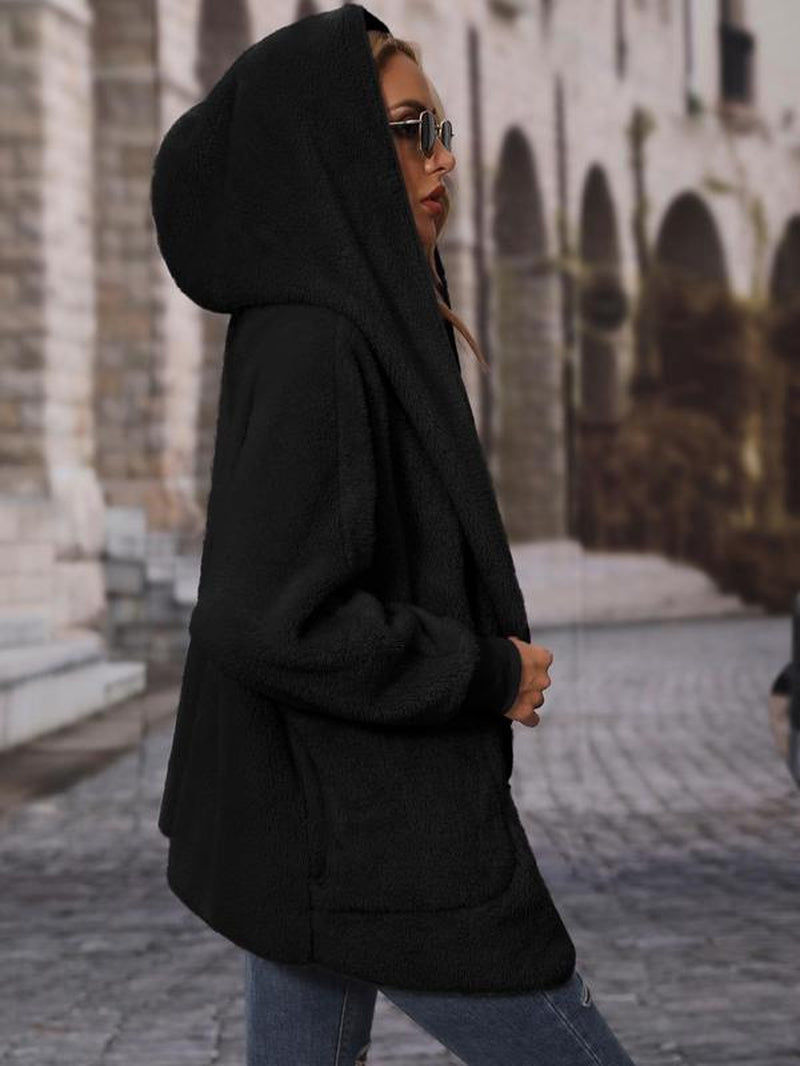 Women'S Solid Drop Shoulder Hooded Coat, Fashion Casual Pocket Coat for Daily Outdoor Wear, Women Clothing for Spring & Fall